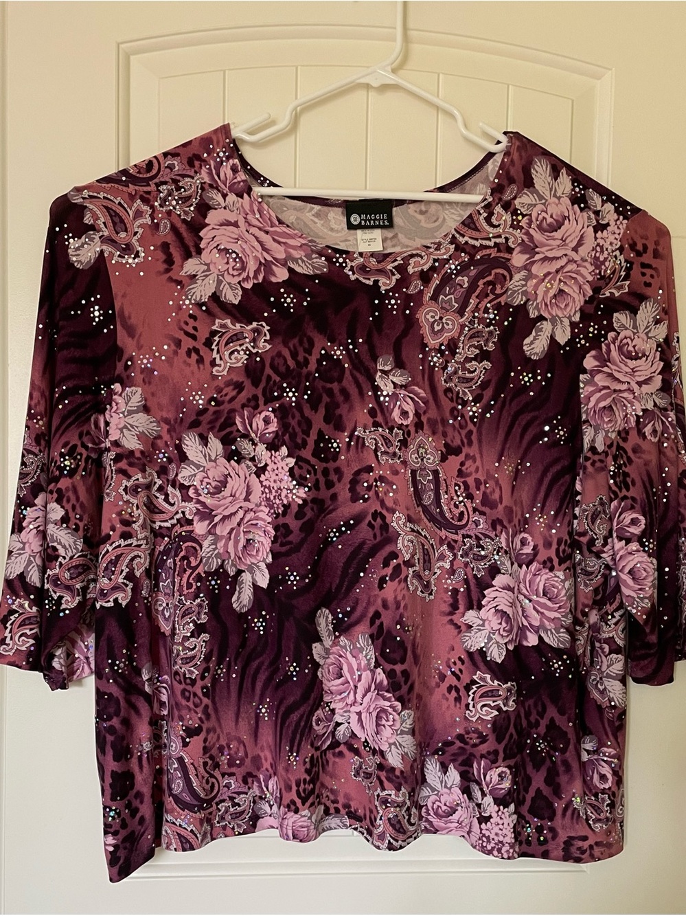 Maggie Barnes Sparkly Purple Plum Rose & Paisley Top Size 4X